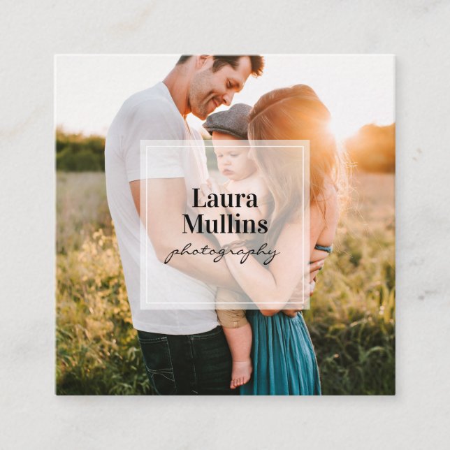 Geometric minimal white square modern photographer business card (Front)