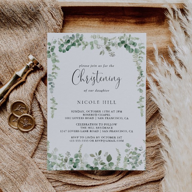 Geometric Minimalist Eucalyptus Christening  Invitation (Creator Uploaded)