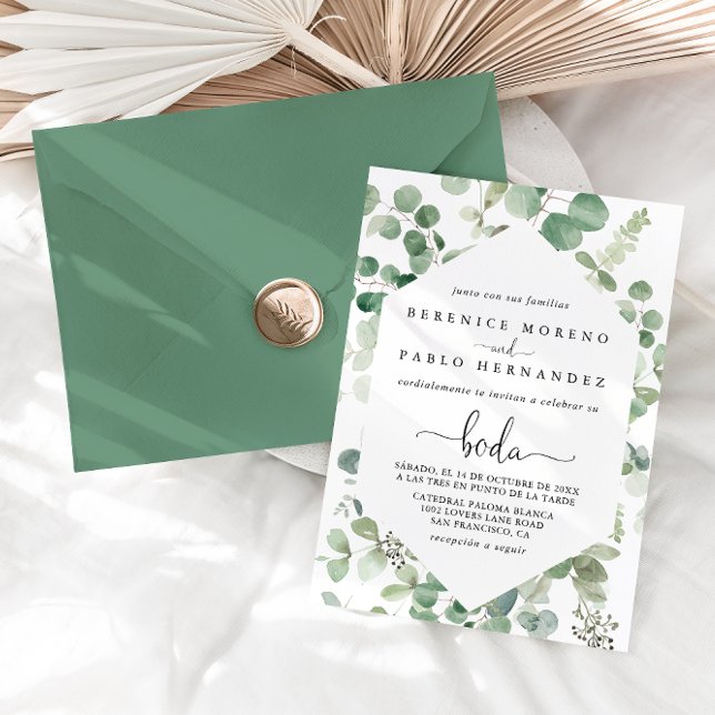 Geometric Minimalist Eucalyptus Spanish Wedding   Invitation (Creator Uploaded)