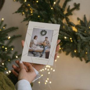 Geometric Mocha Beige Happy Holidays Family Photo Holiday Card