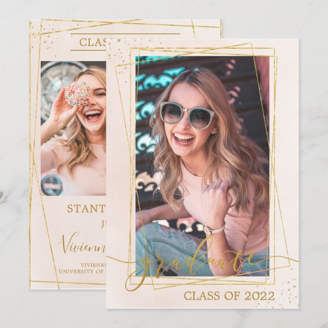 Geometric Modern Blush Pink Gold Graduation Photos Announcement (Front/Back)