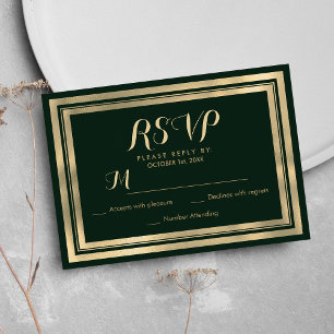 Geometric modern forest green gold RSVP Card