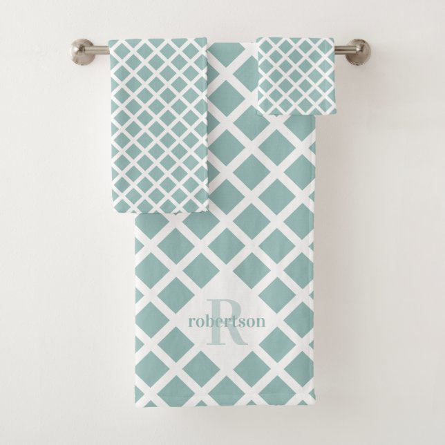 Geometric Modern Teal and White Pattern Monogram Bath Towel Set (Insitu)