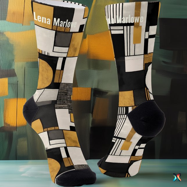Geometric Modernist in Black and Gold customisable Socks (Creator Uploaded)