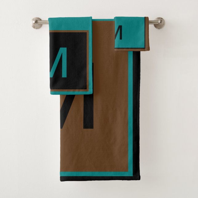 Geometric Monogram Teal Brown Black Bath Towel Set (Insitu)