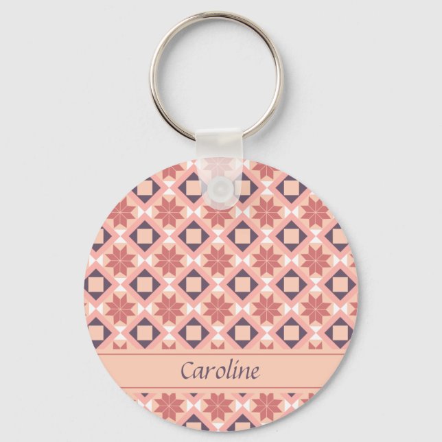 Geometric Moroccan Pink Floral Pattern Add Name Key Ring (Front)