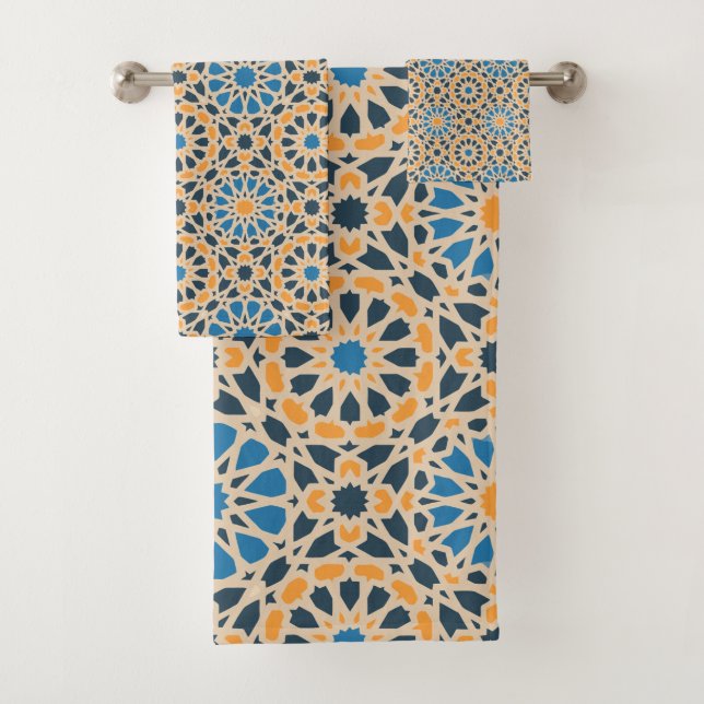 Geometric Moroccan Tile & Orange Pattern Bath Towel Set (Insitu)