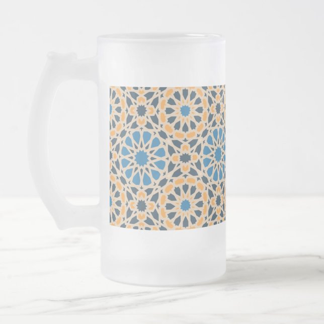 Geometric Moroccan Tile & Orange Pattern Frosted Glass Beer Mug (Left)