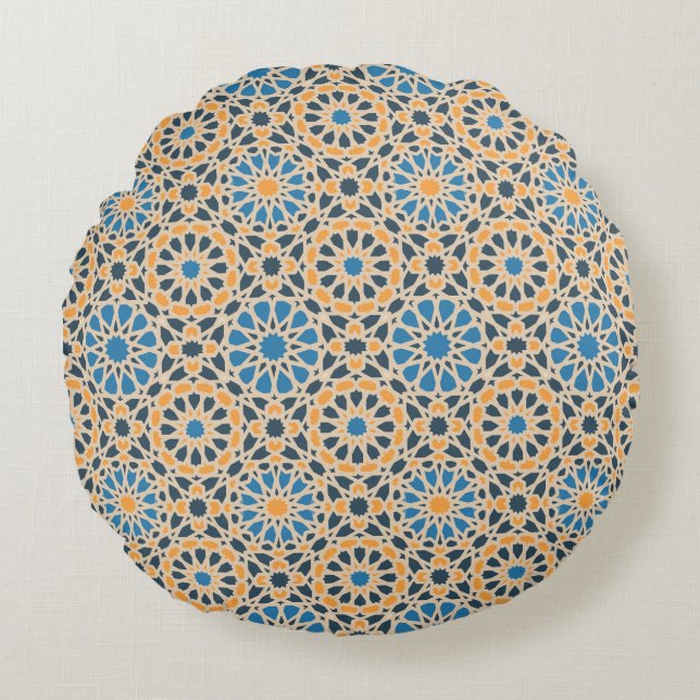 Geometric Moroccan Tile & Orange Pattern Round Cushion (Front)