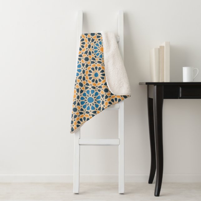 Geometric Moroccan Tile & Orange Pattern Sherpa Blanket (In Situ)