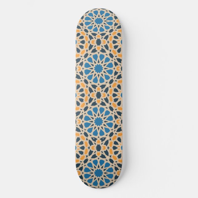 Geometric Moroccan Tile & Orange Pattern Skateboard (Front)