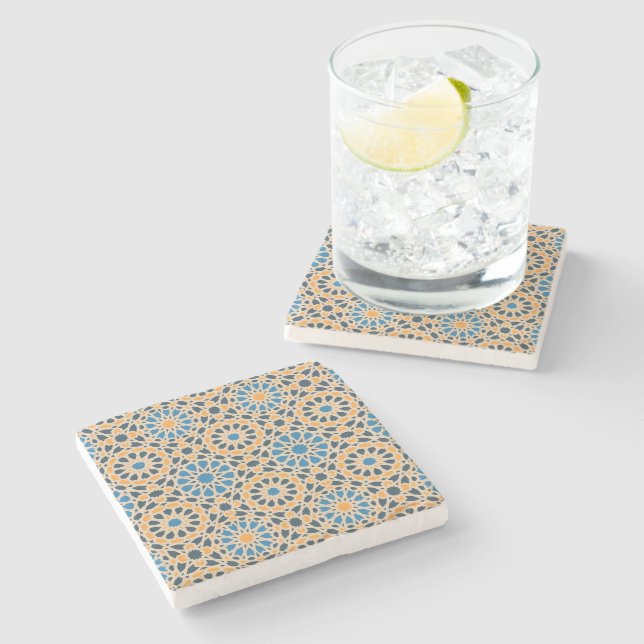 Geometric Moroccan Tile & Orange Pattern Stone Coaster (Side)