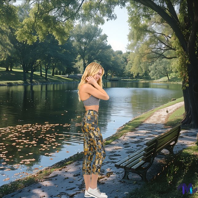 Geometric Mosaic in Gold and Slate – Custom Text Capri Leggings (Creator Uploaded)