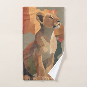 Geometric Mosaic Lioness with Stylised Africa Map Hand Towel