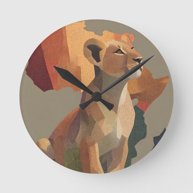 Geometric Mosaic Lioness with Stylised Africa Map  Round Clock (Front)