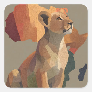 Geometric Mosaic Lioness with Stylised Africa Map  Square Sticker