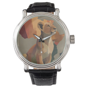 Geometric Mosaic Lioness with Stylised Africa Map Watch