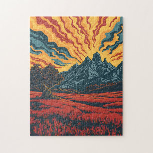 Geometric Mountain Peaks and Red Field Graphic Art Jigsaw Puzzle