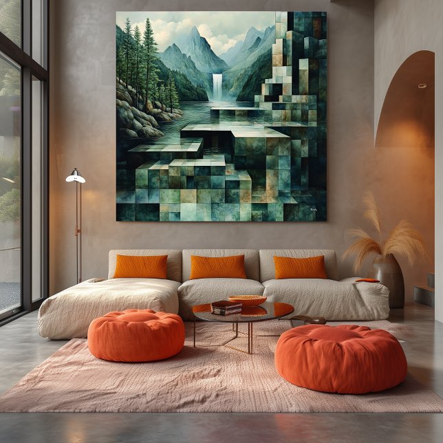 Geometric Mountain Scene with Waterfall and Lake Canvas Print (Creator Uploaded)