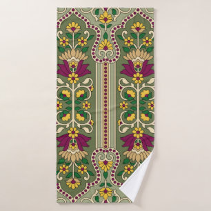 Geometric Mughal Paisley pattern on green backgrou Bath Towel