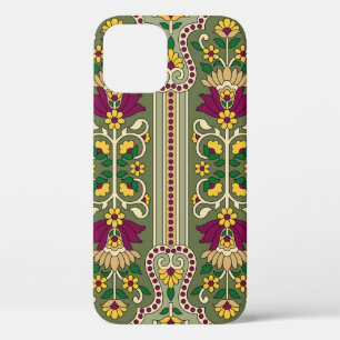 Geometric Mughal Paisley pattern on green backgrou iPhone 12 Case