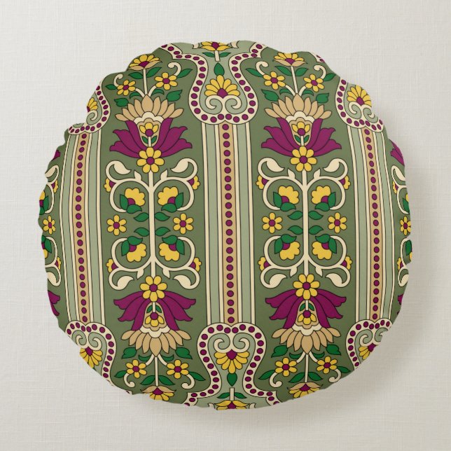 Geometric Mughal Paisley pattern on green backgrou Round Cushion (Front)