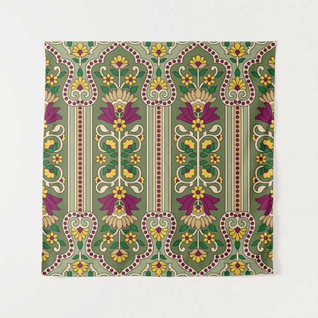 Geometric Mughal Paisley pattern on green backgrou Tapestry (Front)