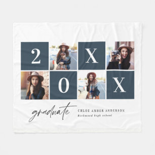 Geometric multi photo navy blue graduation fleece blanket