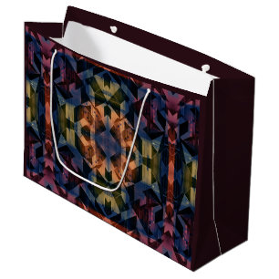 Geometric multicolored pattern with brown flower large gift bag
