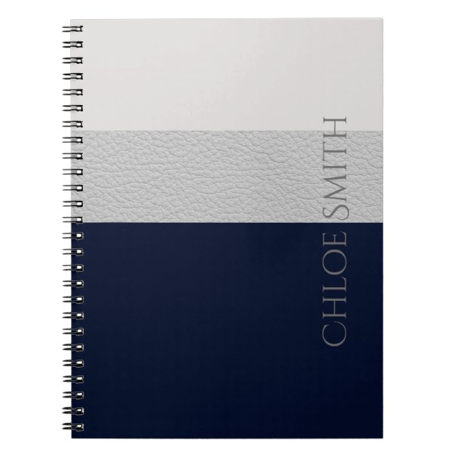 Geometric Navy And Grey Faux Leather Stripes Notebook (Front)