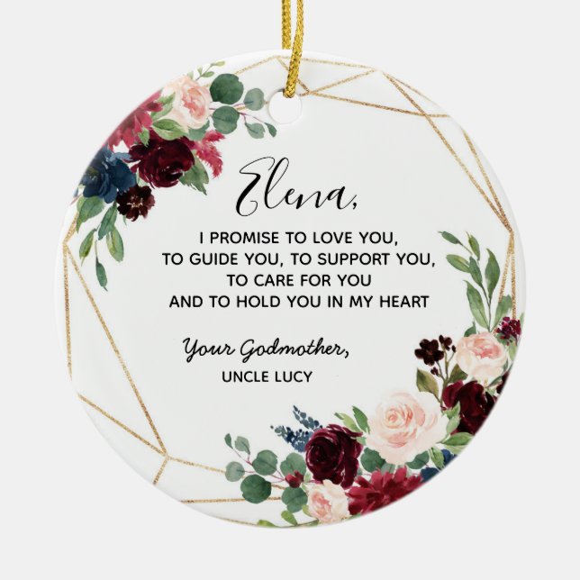 Geometric Navy Burgundy Floral Godfather Promise Ceramic Tree Decoration (Front)