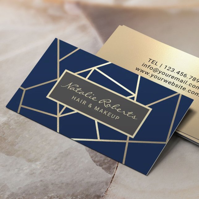Geometric Navy & Gold Hair Stylist Beauty Salon Business Card (Creator Uploaded)