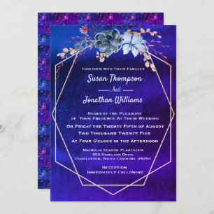 Geometric Navy Watercolor Floral Wedding Invitation