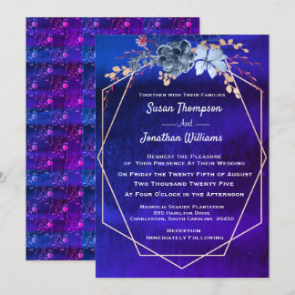 Geometric Navy Watercolor Floral Wedding Invitation