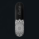 Geometric Optical Illusion Monogram Skateboard<br><div class="desc">A vibrant white on black abstract mandala pattern skateboard with a stunning symmetrical pattern. Unique and bold symbol of the universe.</div>
