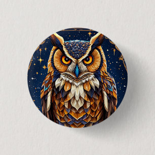Geometric owl with vibrant colours 3 cm round badge