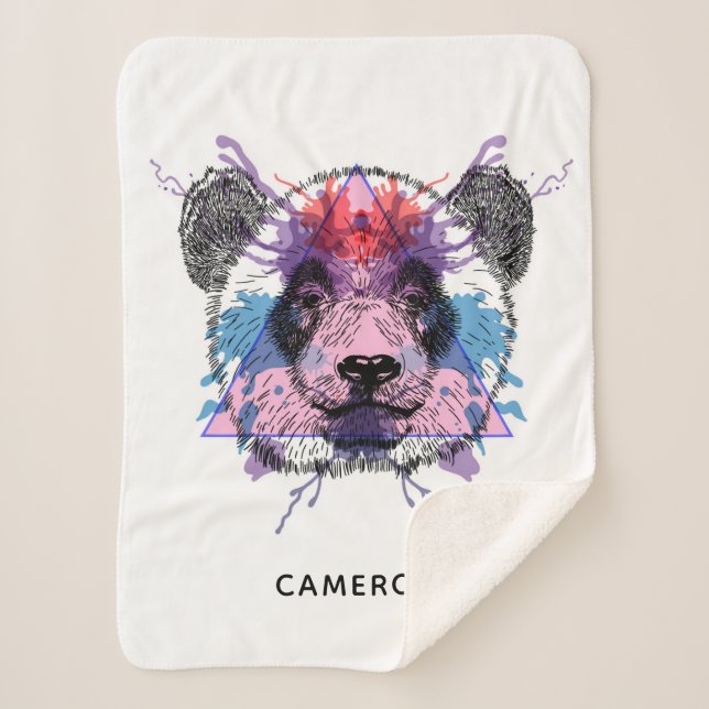 Geometric Panda Bear | Add Your Name Sherpa Blanket (Front)