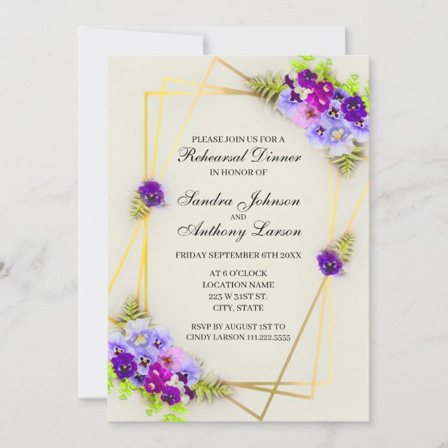 Geometric Pansies Wedding Rehearsal Invitation (Front)