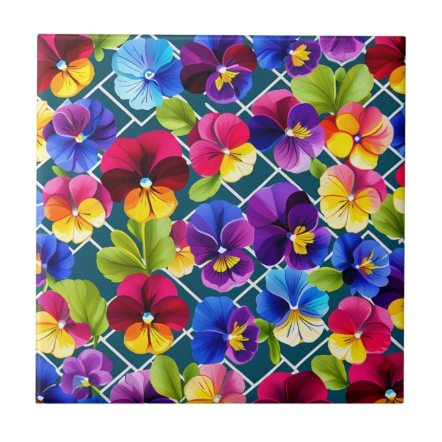 Geometric Pansy Flowers Vibrant Tile (Front)