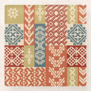 Geometric Patchwork Ethnic Seamless Pattern Glass Coaster