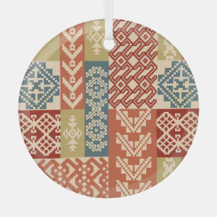 Geometric Patchwork Ethnic Seamless Pattern Glass Tree Decoration