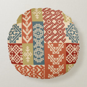Geometric Patchwork Ethnic Seamless Pattern Round Cushion