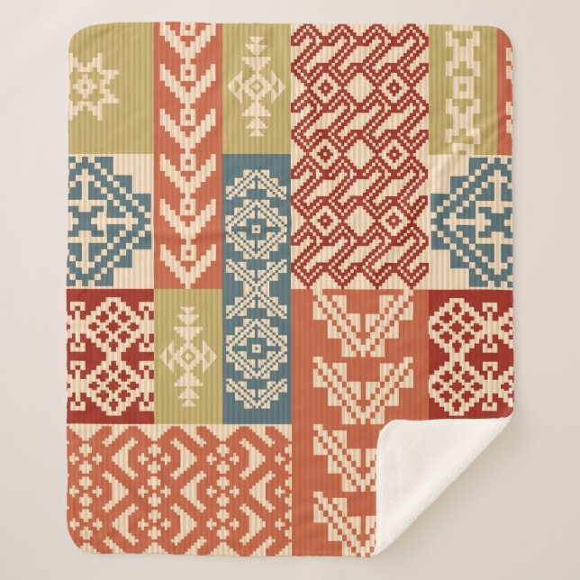 Geometric patchwork ornamental ethnic pattern sherpa blanket (Front)