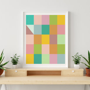 Geometric Patchwork Squares in Green and Purple  Poster