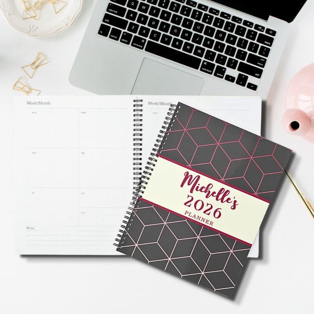 Geometric Pattern 2023 Viva Magenta Grey Add Name  Planner (Personalized Name and Year Spiral Notebook Planner Journal 3D Geometric Pattern in Pink and Gray )
