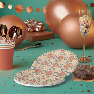 Geometric pattern featuring orange and pink star s paper plate