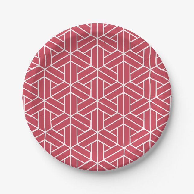 Geometric pattern featuring red hexagons  paper plate (Front)
