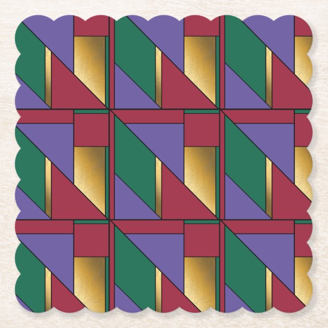 Geometric Pattern Gold Purple Green Red Paper Coaster (Front)