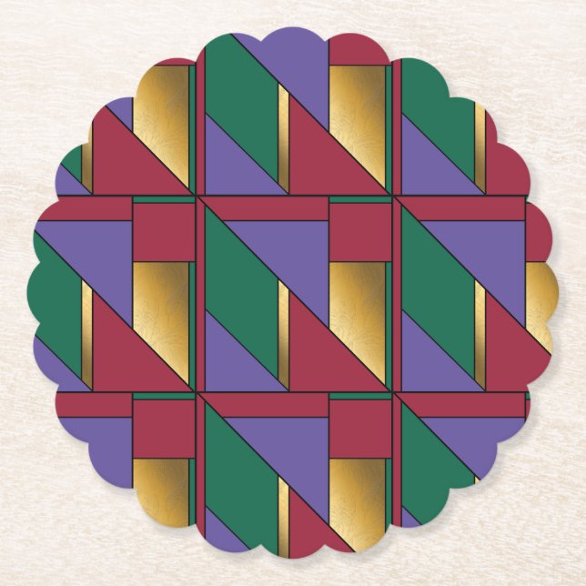 Geometric Pattern Gold Purple Green Red Paper Coaster (Front)