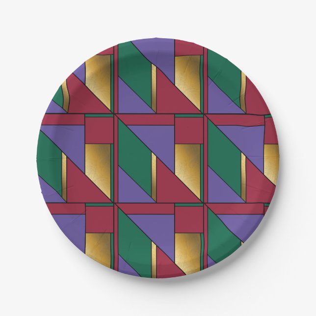 Geometric Pattern Gold Purple Green Red Paper Plate (Front)